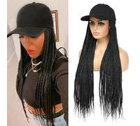 Yunkang Braided Baseball Cap Wig Braid Hair Extensions with Hat Black Synthetic Hair Wig with 24 Inch Length Braided for Women