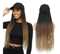 Yunkang Hat Wig for Women Baseball Cap with Braided Hair Attached 24inch long Synthetic Ombre Box Braid Wig Hat Adjustable Cap with Black Brown Bight Brown Braids for Daily Outdoor Use
