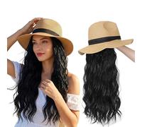 Yunkang Hat Wig Panama Hat with Long Wave Hair, K-black, One Size