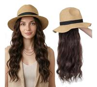 Yunkang Hat Wig Panama Hat with Long Wave Hair, K-brown, One Size