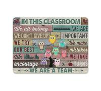 Yunking In This Classroom We All Belong, We Matter, We Don't Give Up Poster, Gift For Teacher, Owl Poster, Classroom Decoration Vintage Metal Tin Sign 12 X 16 Inch Tin Sign Plaque