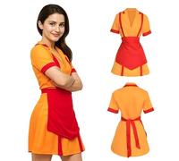 Yunlaishaocer 2 Broke Girls Maid Dress, Red-Orange Maid Outfit, Classic Waitress Role Play, Two Broke Girls Costume with Apron, Good for Halloween, Carnival, Party, Role Play (L