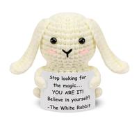 YUNLIJIA Easter Decorations Positive Crochet Animals Handmade Funny Knitted Bunny Doll With Card Easter Home Decorations Graduation Birthday Gifts for Women Men Motional Cheer Up Support Gift Ideas