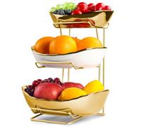 YUNLINLI Fruit Bowl for Kitchen Counter, 3 Tier Fruit Basket for Counter, Ceramic Fruit Holder, Tiered Fruit Stand with Metal Stand, Detachable Rack for Fruit Vegetable Snack Dessert Storage (Gold)