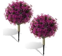 Yunlly 24'' Set of 2 Artificial Topiary Ball Tree with Flowers Artificial Plants Outdoor, Faux Shrubs Bushes with Ground Spike Realistic UV Resistant Fake Greenery Plant for Porch Indoor(Red Purple)