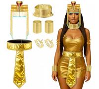 Yunlly 7 Pcs Halloween Egyptian Costume Accessories African Cleopatra Headpiece Headband Tassel Bead Gold Snake Bracelets Arm Cuffs Collar Choker Collars Belt for Women Pharaoh Queen Halloween Cosplay