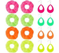 Yunlly 8 Pack Neon Scrunchies for Hair 80s 4 Pairs Neon Earrings for Women Neon Hair Accessories Elastic Hair Bands Hair Tie Jewelry Neon Earring Dangle for Women Girl Party Outfit (Water Drop Style)