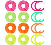 Yunlly 8 Pack Neon Scrunchies for Hair 80s 4 Pairs Neon Earrings for Women Neon Hair Accessories Elastic Hair Bands Hair Tie Jewelry Neon Earring Dangle for Women Girl Party Outfit (Circle Style)