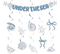 Yunlly Under The Ocean Birthday Party Decorations Starfish and Seashell Hanging Swirls Blue Coquette Bow Garland Ocean Beach Coastal Decor for Summer Wedding Bachelorette Baby Shower Party Favors
