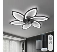 YUNLONG Smart Ceiling Fans with Lights and Remote & Alexa Control, No WiFi Required, Low Profile Flush Mount Ceiling Fan Lamp, Modern Flower Design, for Bedroom, Living Room, Black