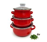 Yunmeryker 3 Piece Enamel Cookware Set with Glass Lids, Double Handle Soup Pot for Top, Small Stew for Cooking, Housewarming Gift, Red