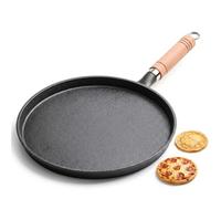 Yunmeryker Frying Pan and Cast Iron Pan for Home Cooking, Heavy Duty Pancake and Crepe Pan with Wood Handle, Flat Bottom Pizza Pan, Griddle Pack of 1