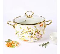 Yunmeryker Large Enamel Soup Pot with Glass Lid, Stew for Home Cooks, Double Handle Casserole for Induction Tops, Birds and Flowers Pattern, Bird and Flower Pattern