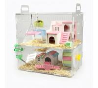 Yunmeryker Large Hamster Cage with Built-in Tubes, Double Layer Acrylic Hamster Cage for Syrian and Dwarf Hamsters, Modern, with pink and white ac