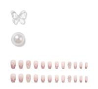 Yunmeryker Short Square False Nails with Glue Included, Almond Artificial Removable Reusable for Teens, Fake for Party Home Use Blush Tone Design, Embossed Butterfly