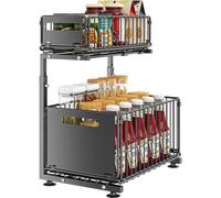 YunNasi Metal Under Sink Storage, 2 Tier Kitchen Organiser with Sliding Storage Drawer, Under Sink Shelf, Organiser for Kitchen Bathroom, Carbon Steel, Height Adjustable (Black-1 pack)