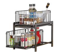 YunNasi Under Sink Storage 2-Tier Pull Out Sliding Basket for Cabinet Kitchen Cupboard Organiser Detachable Metal Storage Rack for Bathroom (Regular, BlackBlack)