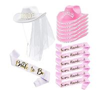 YUNNESS Bride Cowboy Hat with Veil Wide Brim Cowgirl Hat & Sash Set Wedding Party Props Bachelorette Party Hats for Bridal Party