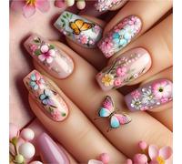 YUNNIAN 24 Pcs Butterfly Press On Nails Long Ballerinas False Nails Flowers Acrylic Nails Stylish Full Covers Stick On