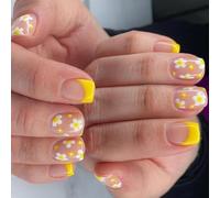 YUNNIAN 24 Pcs Yellow French Tip Press On Nails Short Square False Nails Flowers Acrylic Nails Simple Full Covers Stick On