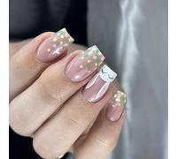 YUNNIAN 24pcs Square Easter Press On Nails with Rabbits Pattern Artificial Nails Full Covers False Nails Manicure Stick