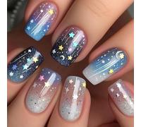 YUNNIAN 24Pcs Square Press on Nails Space Themed Designs Moon Star Pattern Acrylic Glossy Full Covers False Nails