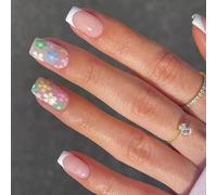 YUNNIAN 24x French Tip Press On Nails Short Square False Nails Colorful Flowers Acrylic Nails Glossy Full Covers Stick