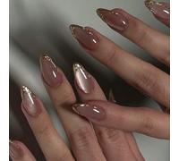 YUNNIAN Cats Eyes Press on Nails Glitters Almond Acrylic Fake Nails Reusable Stick on Nails for Nails Art Manicure