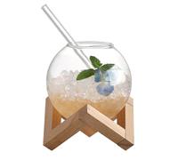 YUNNIAN Creative Ronud Ball Glass Cup with Wood Stand Drink Cup Cocktails Mug Glassware Restaurant Cold Drinking Juices