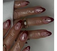 YUNNIAN Short Almond Press on Nails,24Pcs Wine Redness Fake Nails in 12 Sizes Glossy False Nails Acrylic Stick on Nails