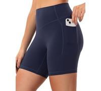 YUNOGA HugMotion Womens High Waisted Biker Shorts with Pockets 6 Inches - No Front Seam Workout Gym Yoga Short, Navy Blazer, M