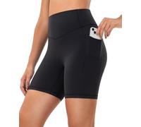 YUNOGA HugMotion Womens High Waisted Biker Shorts with Pockets 6 Inches - No Front Seam Workout Gym Yoga Short, Black, M