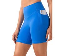 YUNOGA HugMotion Womens High Waisted Biker Shorts with Pockets 6 Inches - No Front Seam Workout Gym Yoga Short, Princess Blue, M