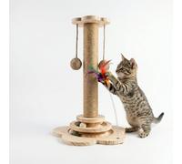 Yunova Wooden Cat Scratching Post for Kittens,4-in-1 Interactive Activity Centre with Track Balls, Feathers & Catnip - Natural Jute Rope Scratcher for Indoor Cats - Sturdy Non-Slip Base, 45cm