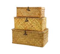 YUNRUI 3PCS Wicker Basket with Lid, Seagrass Rectangular Storage Box Laundry Baskets, Decorative and Stackable Storage Boxes for Shelves Home Bathroom Bedroom Organization Gifts Box