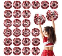 Yunsailing 24 Pack Cheerleading Pom Poms with Baton Handle 14.5 Inch Metallic Cheering Squad Pompoms for Team Sports Football Dance Cheering Kids Adults (Red and Silver)