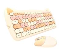 Yunseity 2.4G Wireless Keyboard and Mouse Combo, Cute Cat Shape Retro Colorful Compact Keyboard, for Windows, OS X, Android System(Milk Tea Color)