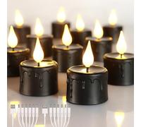 yunsheng 12PCS Black Rechargeable LED Tea Lights Candles with 6H Timer, Halloween Melting Flameless Flickering Candle, Warm White Electric Fake Candles with 2USB Charging Cable, Holiday Home Decor