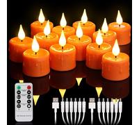 yunsheng Pack of 12 Orange Rechargeable Tea Lights with Remote Control and 4/6H Timer, Rechargeable Flameless Flickering LED Candles with 2 USB Cables, 3D Silicone Wick, Warm White for Home Decoration