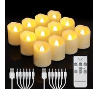yunsheng Pack of 12 Rechargeable LED Tea Lights with Remote Control Timer, Rechargeable Flameless Flickering Candles, Warm White Light, Halloween, Christmas, Home, Wedding Decoration (with 2 USB