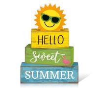 Yuntau 4 Pcs Summer Wooden Tabletop Decor Hello Sweet Summer Tiered Tray Decor Sunshine Centerpiece Rustic Summertime Decorative Block Signs Gift Farmhouse Table Decoration for Home Kitchen