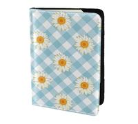 YUNWEIKEJI Retro Daisies Flowers Blue Check Pattern, Passport Holder PU Leather Travel Wallet Passport Case Passport Covers 5.5 in