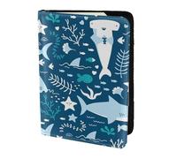 YUNWEIKEJI Smiling Shark Sea Animals Fishes Starfish Blue, Passport Holder PU Leather Travel Wallet Passport Case Passport Covers 5.5 in