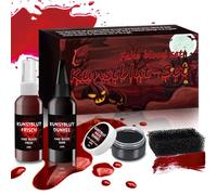 YUNYAKARSA Artificial Blood Halloween Make-Up Set, 60 ml Fake Blood Spray + 60 ml Dripping + 40 ml Coagulated Blood Plasma + 1 Sponge, Halloween Make-Up, Washable Fake Blood for Vampire Zombie Monster