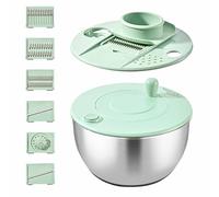 YUNYDSM 5L Salad Spinner Stainless Steel Vegetable Cutter Mixing Bowl 3-in-1 with 6 Different Cutters & Non-Slip Base Hand Crank Design for Fruit and Vegetable Slicer and Drying Kitchen Aid
