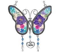 YUNYODA Butterfly Suncatcher Wind Chime, Butterfly-Shaped Glass Wind Chimes with Pressed Flower Wings and Greeting Postcards Gifts for Mom, Grandma Mothers Day