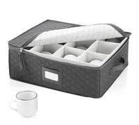 YUNYODA Mug and Cup Storage Box with Dividers, 2 Pack China Storage Containers Holds 24 Glassware, Foldable Coffee Mugs and Tea Cups Organizer with Label Window and Handles(Grey)