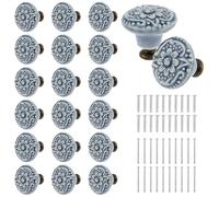 YUNYOUC 20Pcs Ceramic Drawer Knobs, Vintage Flower Cabinet Pulls, Retro Dresser Decorative Flower Handles with Mounting Screws for Cabinets Drawer Cupboard Wardrobe, Diameter 1.4 inch(Blue)
