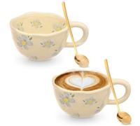 YUNYOUC 2Pcs Ceramic Coffee Mug, 300 ml Creative Flower Printed Tea Mug with Spoon and Handle, Aesthetic Coffee Cup, Dishwasher Safe, Kawaii Cup for Milk Tea Hot Chocolate(Blove Flower)