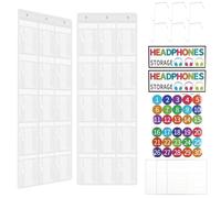 YUNYOUC 2Pcs Classroom Headphone Storage Organizer with 30 Pockets, PVC Clear Classroom Pocket Chart for Headphone Cell Phone, Over-The-Door Hanging Holder Bag with 62 Labels(2PCS)